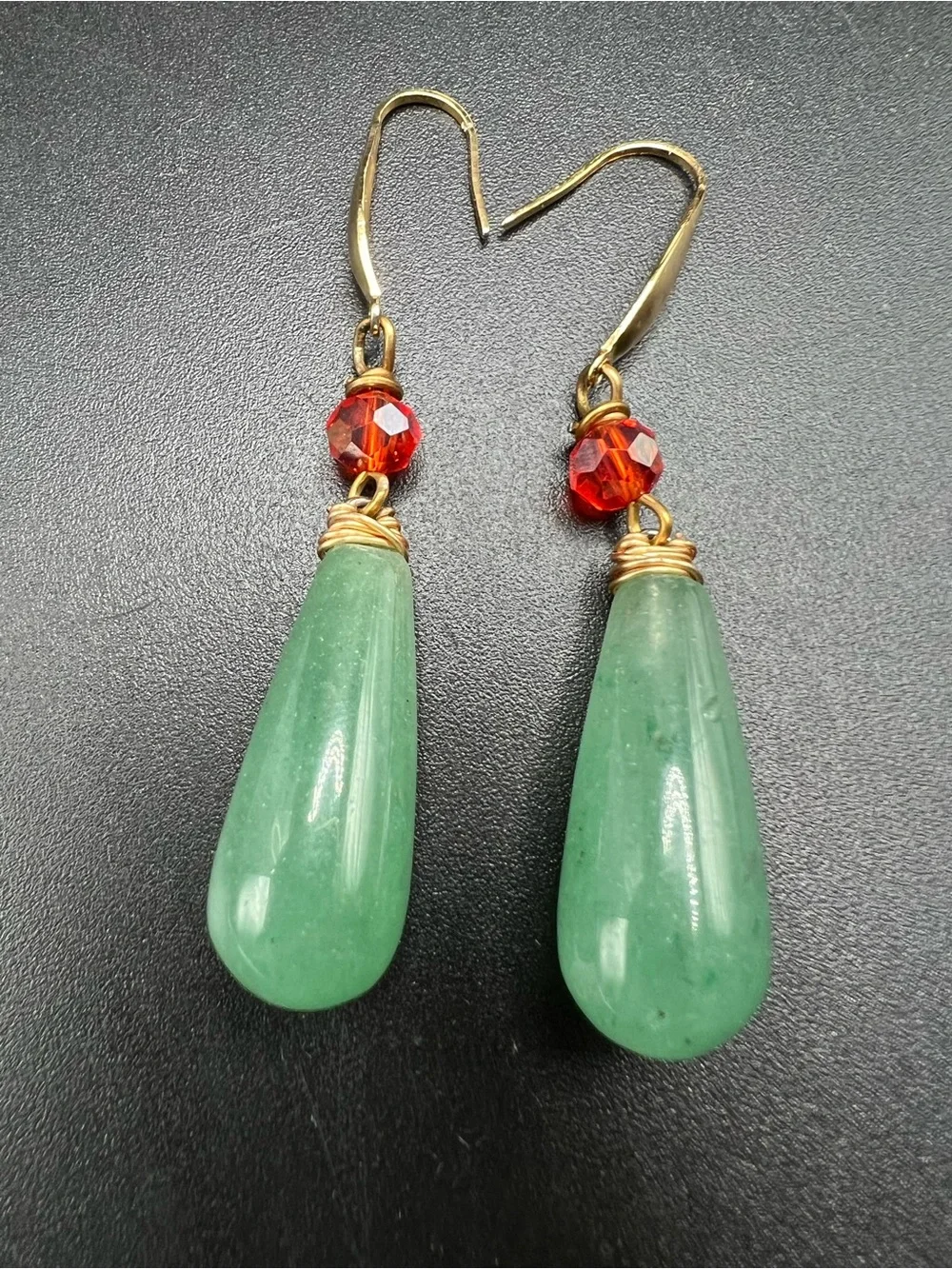 Aventurine Handmade Green Stone Teardrop Earrings Red Crystal